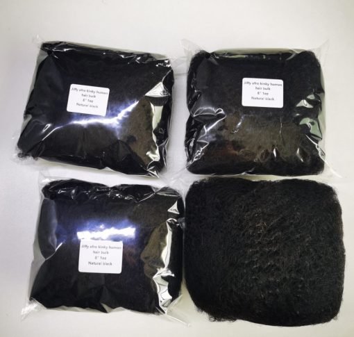 A selection of kinky afro human hair products including bulk options and extensions, showcasing natural curls in various lengths.